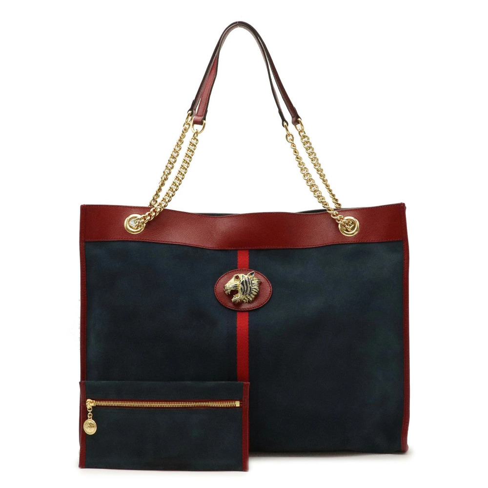 Gucci Raja Tote Tiger Head Bag Chain Shoulder Suede Leather Blue Red